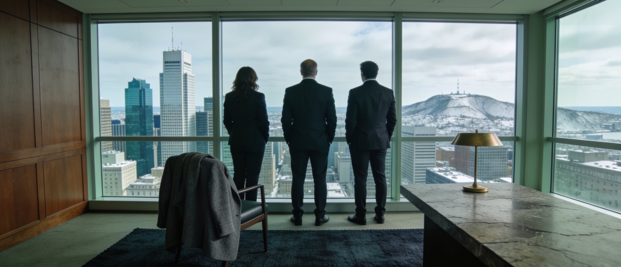 Three colleagues standing at the window of a Montreal office overlooking the city