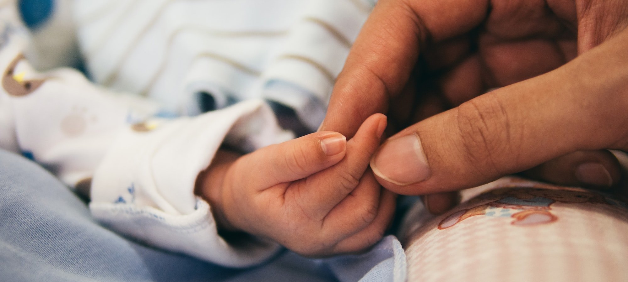 An older hand holding the hand of an infant