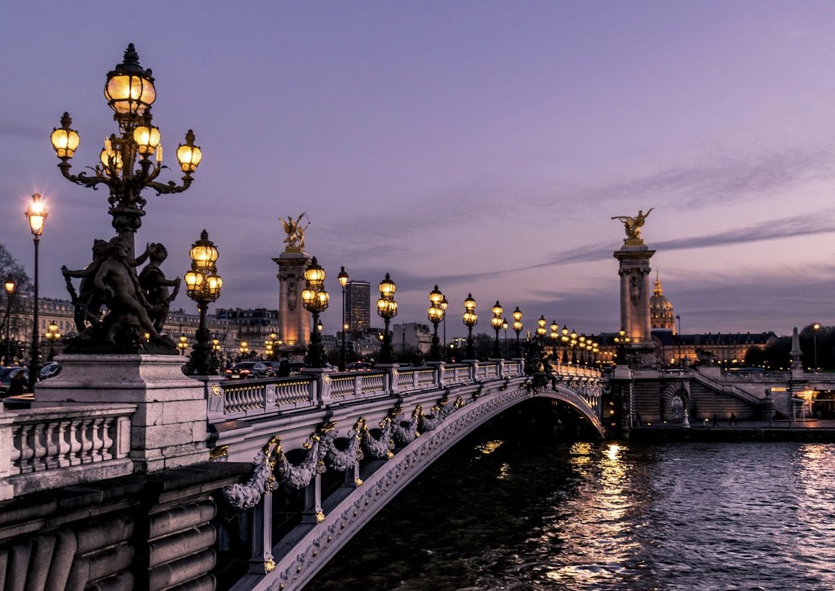 Bridge lamps over the Seine at dusk