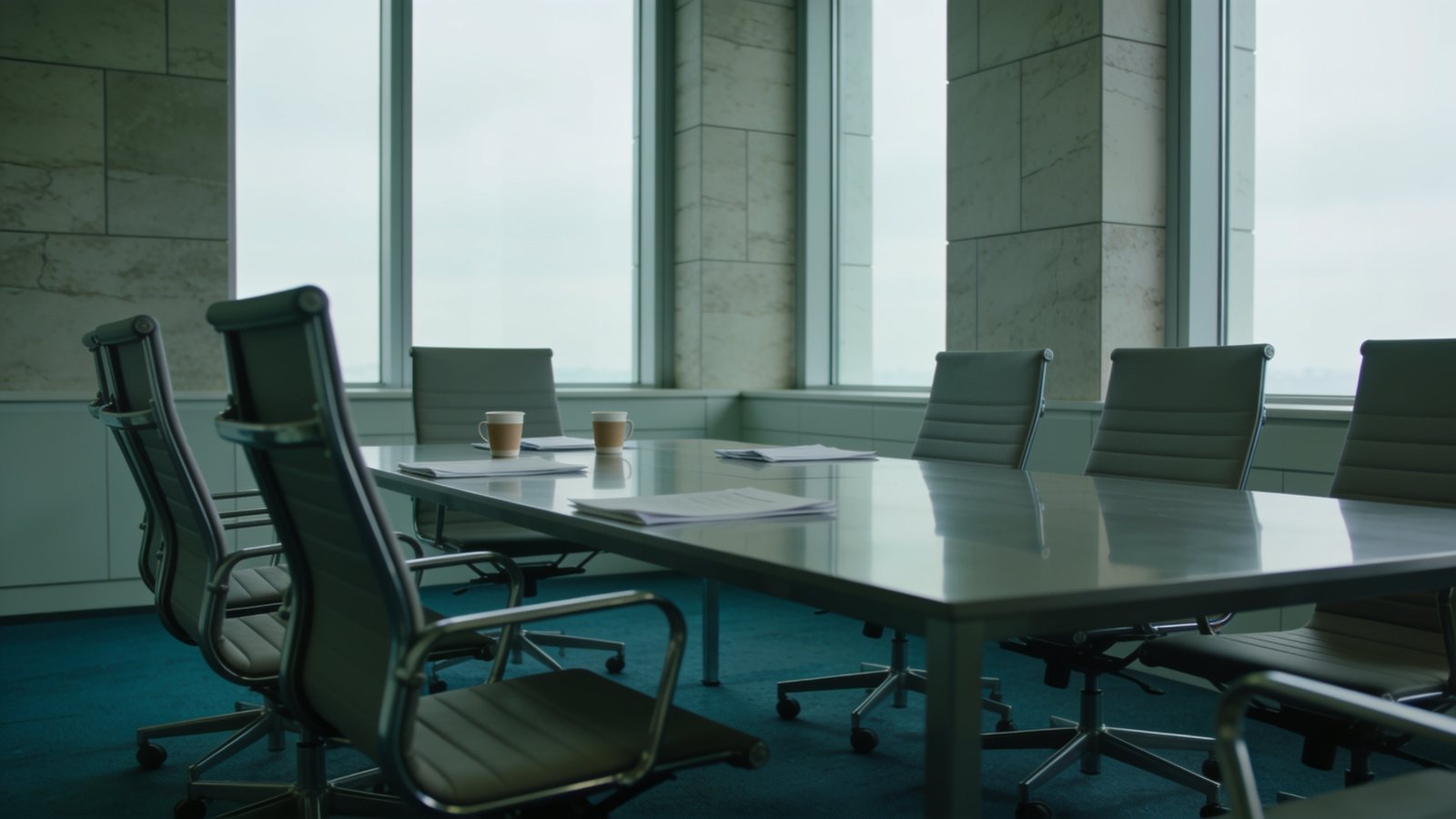 An empty meeting room after a discussion has ended