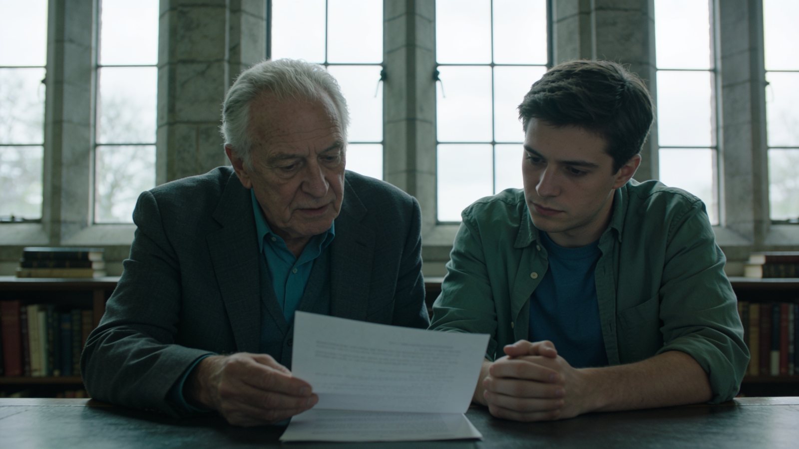 An older and a younger family member reading a document together