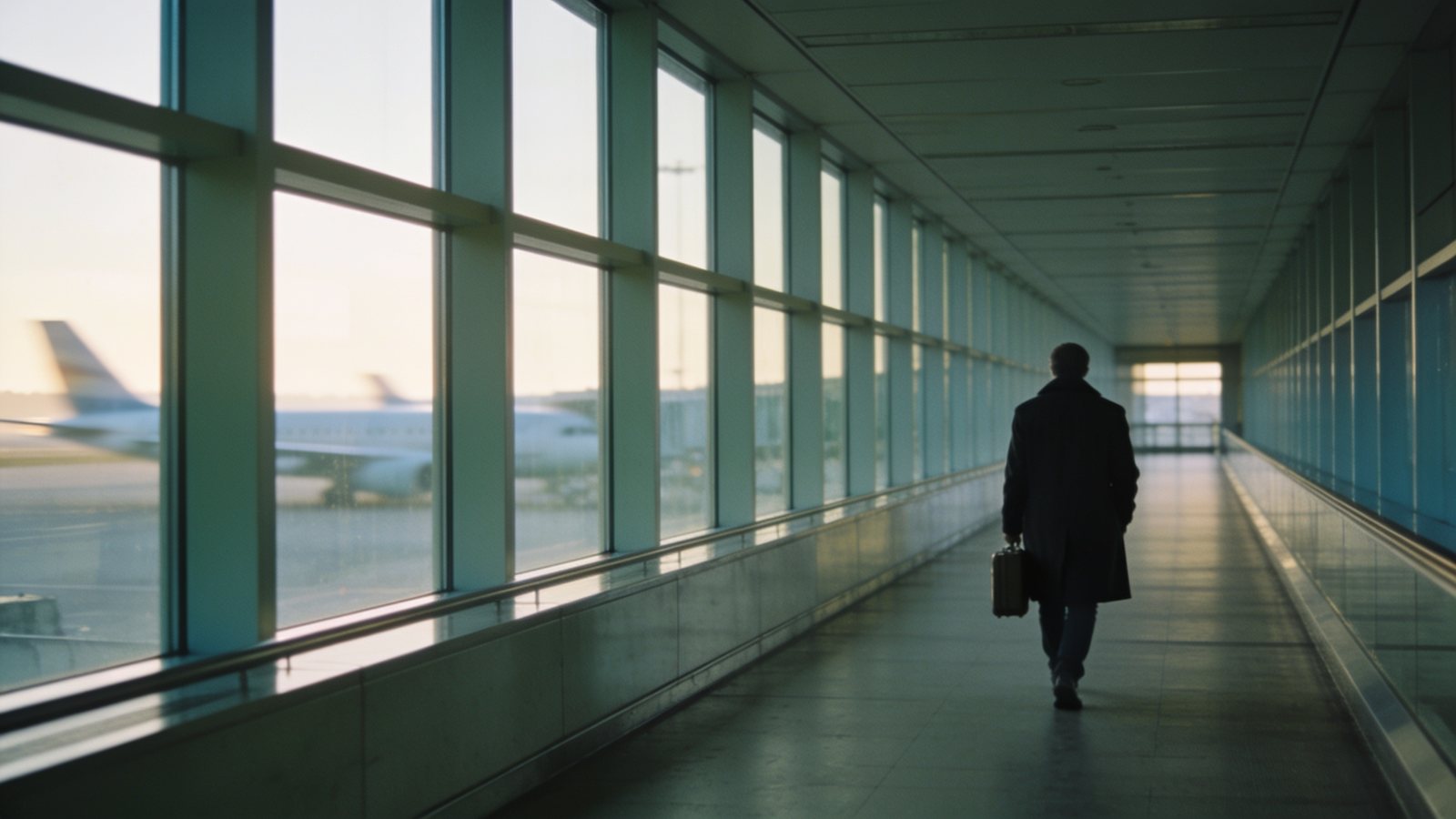 A traveller walking alone along an airport corridor