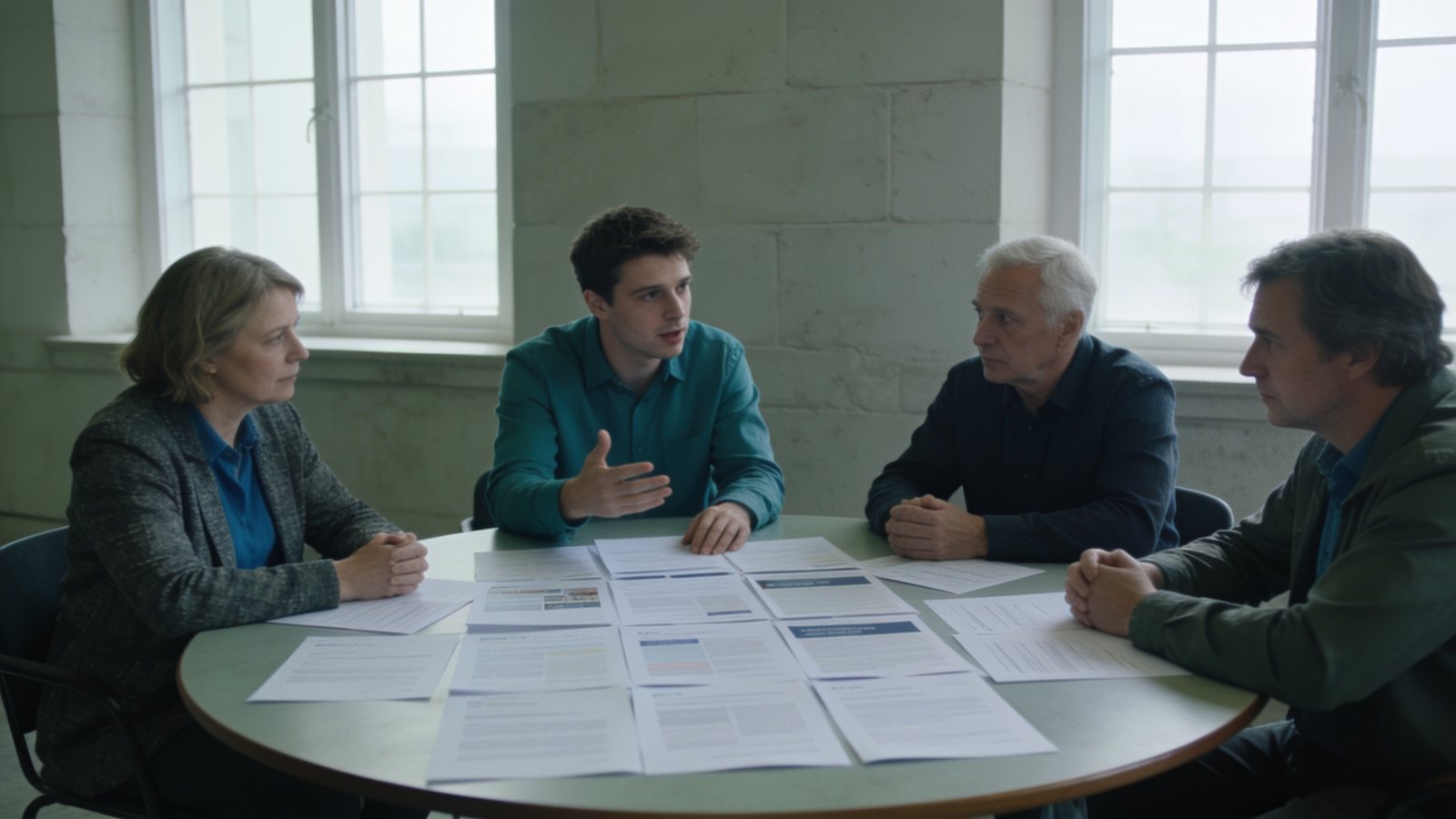 A small committee reviewing printed proposals around a table