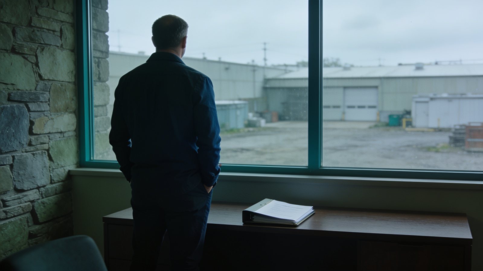 A business owner looking out over the yard from a quiet office